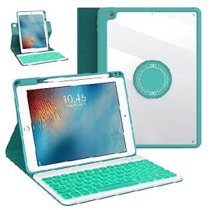 OYEEICE iPad 9.7 inch Case with Keyboard for 6th Gen 2018, 5th Gen 2017, Air 2nd 2014, Rotating Detachable Clear Protective Cover with 7-Color Backlit