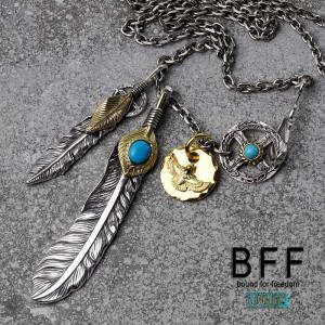 BFF ブランド フェザーネックレス メンズ シルバー925 ターコイズ 上金 ツイン 羽根 唐草 アラベスク 専用BOX付属｜SILVER KYASYA