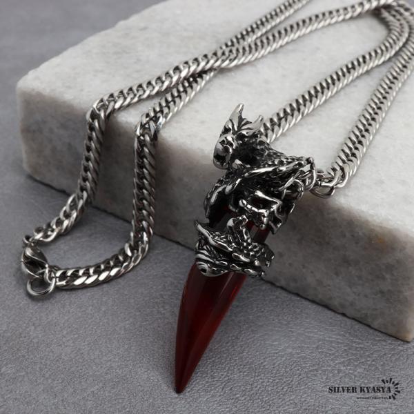 ステンレス ドラゴンネックレス ダブル喜平チェーンネックレス シルバー レッド ガーネット 龍 スト...