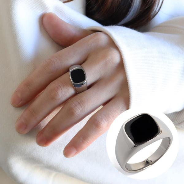 ステンレス 印台リング ブラック シグネットリング シルバー シンプル スタンプリング 小指 スクエ...