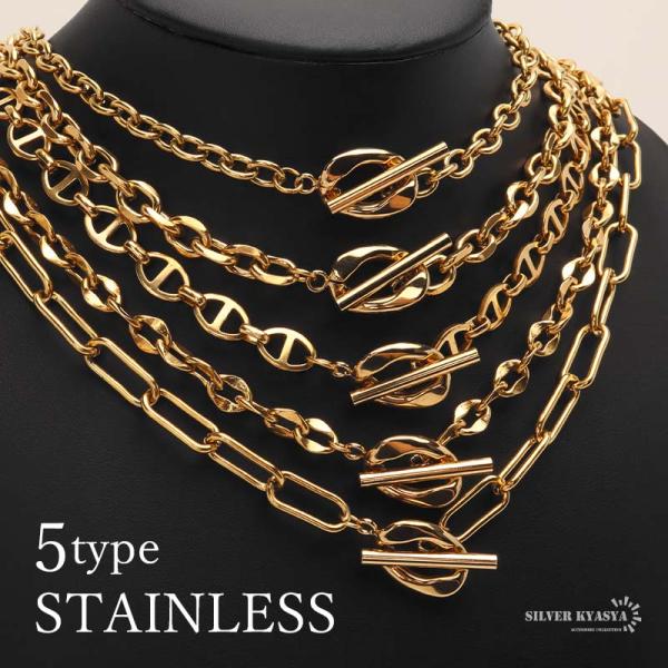 (Cタイプ、50cm) ステンレス 選べる5type マンテルネックレス チェーンネックレス 18k...