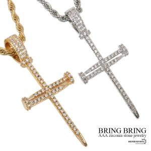 (シルバー) キラキラ クロスネックレス 18k gp くぎ 釘 十字架 ヒップホップジュエリー HIPHOP