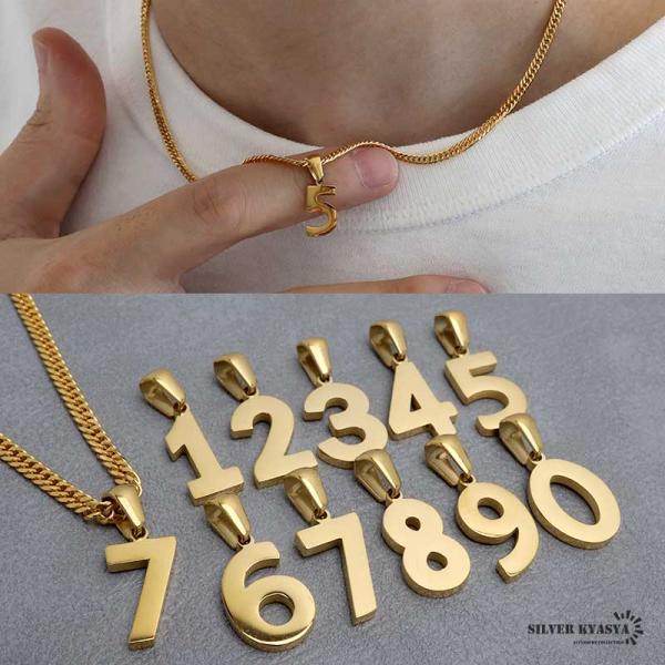 (ナンバー:5、50cm) ナンバーネックレス ゴールド メンズ 鏡面仕上げ ステンレス 18KGP...