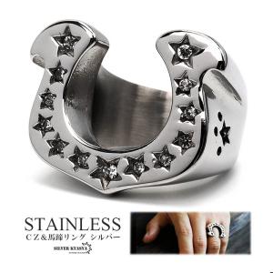 ステンレス ホースシューリング 馬蹄リング 18KGP ゴールド CZ スター
