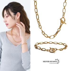 ネックレス ブレスレット 2点セット レディース マンテル チェーンネックレス 女性 フィガロチェーン ゴールド 18K GP ステンレス 金属アレルギー対応｜kyasya