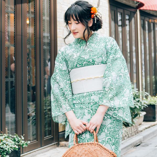 レディース 浴衣 単品 綿麻【07】麻混 高級 ゆかた ホワイト系 グリーン系 リーフ