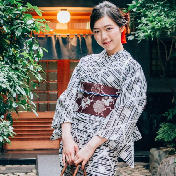 レディース 浴衣 単品 綿麻【18】麻混 高級 ゆかた ホワイト系 ブラック系 幾何学 菱 縞 水玉