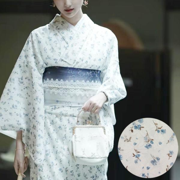 レース着物 花柄【限定品02】ラッセルレース 着物 袷着物 白 青 ホワイト ブルー 夏着物 春着物...