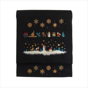 仕立て済み 名古屋帯 正絹 黒 雪 雪の結晶 クリスマス 〜トナカイ