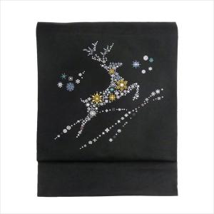 名古屋帯 正絹 黒 雪 雪の結晶 クリスマス 〜トナカイ〜