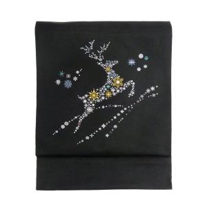 仕立て済み 名古屋帯 正絹 黒 雪 結晶 クリスマス 〜雪華〜 ブラック