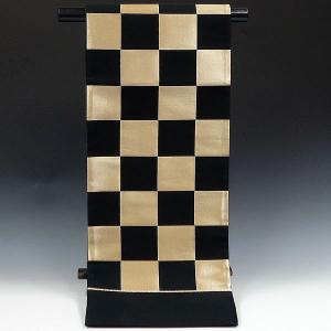 振袖用袋帯 iszo1217-7  成人式振袖　 黒・白金/市松模様　