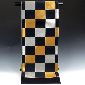 振袖用袋帯 iszo1217-9  成人式振袖　黒・金・銀/市松柄　