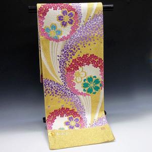 袋帯 振袖用 仕立て上り 正絹 六通 金 桜と流水 芯なし 435cm : 京の