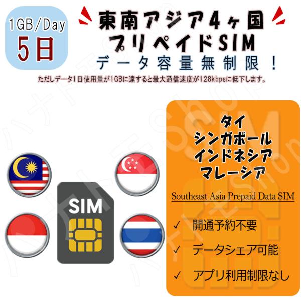 東南アジア 5ヵ国周遊SIM プリペイドSIM SIMカード データ通信SIM 1日1GB 5日プラ...