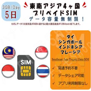 東南アジア 4ヵ国周遊SIM プリペイドSIM SIMカード データ通信SIM 1日3GB 5日プラン 4G LTE データ専用  海外出張 海外旅行 短期渡航