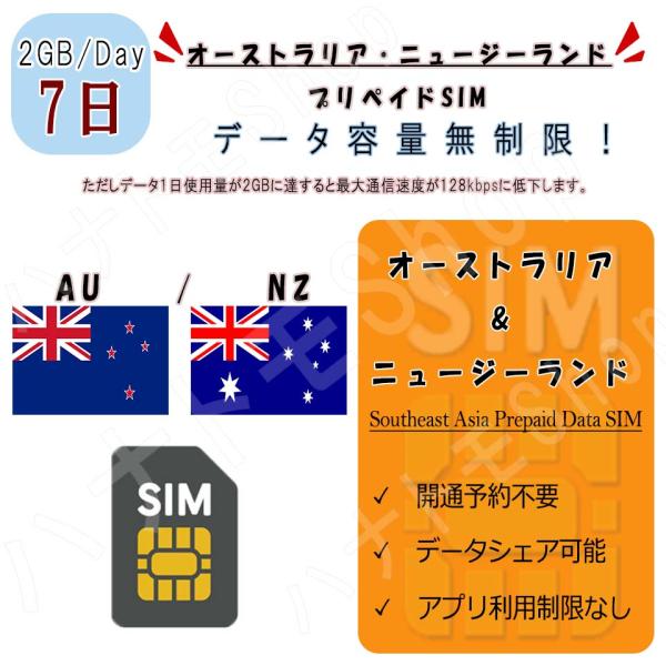 オーストラリア ニュージーランド プリペイドSIM SIMカード データ通信SIM 1日2GB 利用...