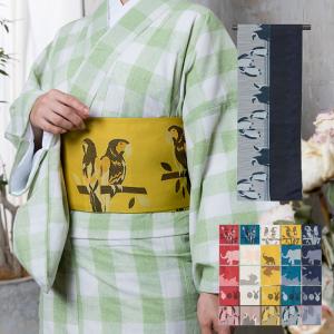 (日本製 動物柄 細帯 89)浴衣帯/半幅帯/半巾帯/小袋帯/浴衣/ゆかた/アンティーク/ネコ/猫/ペンギン/ゾウ/象/うさぎ/オウム