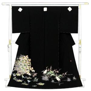 正絹黒留袖 未仕立て 仮絵羽 流水と鶴に四季の花柄 礼装 黒留め袖 新品