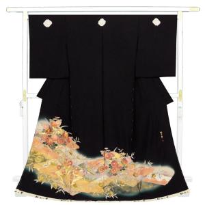正絹黒留袖 未仕立て 仮絵羽 流水と鶴に四季の花柄 礼装 黒留め袖 新品