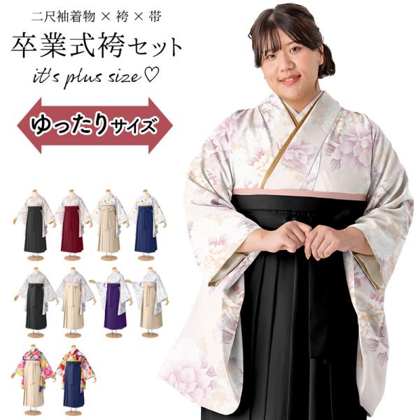 ぽっちゃりサイズ 卒業式 袴セット プラスサイズ ゆったり ワイド 大きい ラージ 小紋柄 二尺袖 ...