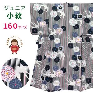 ジュニア用 女の子の洗える着物 小紋 袷 舞踊 お稽古 お出かけに 「白黒縞、菊と燕」JRKM16-73