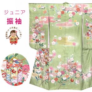 ジュニアサイズ 着物 正絹 友禅 絵羽柄の振り袖 比翼仕立て 140サイズ