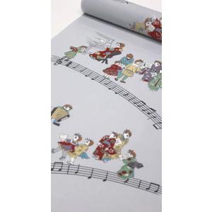 麻 綿 長襦袢 洗える 反物 友禅 カジュアル レトロ 可愛い スズメ 雀 音楽 楽譜 グレー 水通し加工