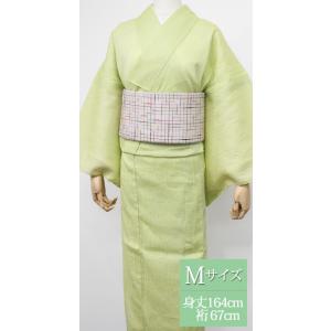 夏 着物 麻 近江ちぢみ プレタ 洗える 仕立て上がり Mサイズ 縞 レモン イエロー