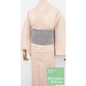 ヒ*い様 ピンク　￼チェック柄　プレタ　夏着物 夏 着物 麻 近江ちぢみ プレタ 洗える 仕立て上がり Lサイズ ボーダー