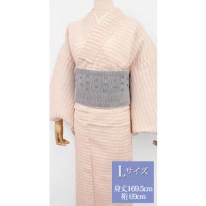 夏 着物 麻 近江ちぢみ プレタ 洗える 仕立て上がり Lサイズ ボーダー チェック ピンク