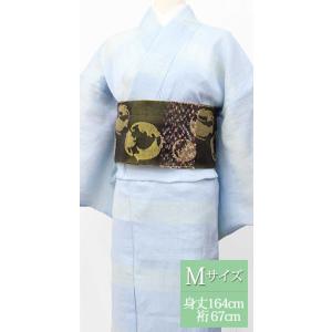 夏 着物 麻 近江ちぢみ プレタ 洗える 仕立て上がり Mサイズ ブルー 青 水色 縞 ボーダー