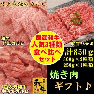 肉 焼肉 国産 和牛 食べ比べセット 人気３種850g (特上カルビ300g 中落ちカルビ250g ハラミ300g)