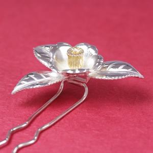 簪・かんざし(銀製) 椿・つばき・ツバキ 金彩色入の詳細画像2