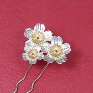 簪・かんざし (銀製) 桜三花・さくら・サクラ 霞桜 金彩色入