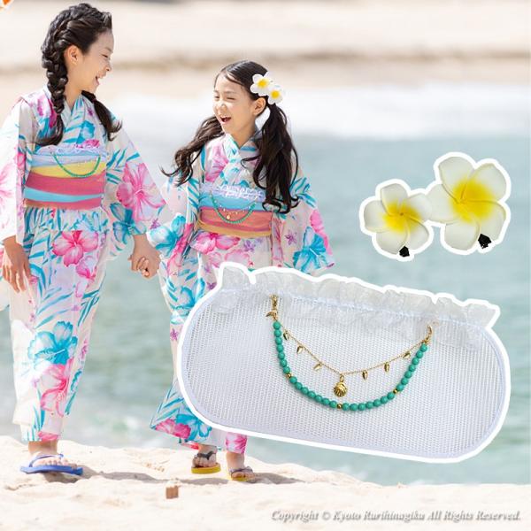 髪飾り＆帯板＆帯飾り３点セット（プルメリア） 帯飾り 浴衣 子供 こども 女の子 浴衣用 アクセサリ...