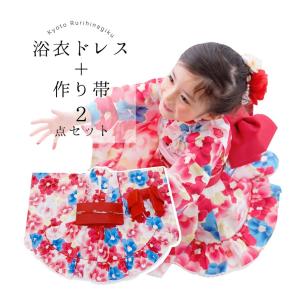 浴衣 子供 キッズ 女の子 浴衣ドレスセット ２点セット( 浴衣ドレス＋作り帯 ) ゆかた レトロ椿 子ども  110 120 130