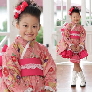 ≪七五三早割りセール≫　七五三着物　着物ドレス「花手毬（ピンク）」子供用 　こども　セット内容…着物ドレス（裏地付き）、作り帯の2点セット