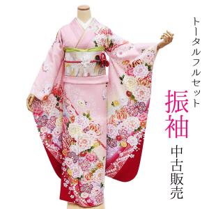 ☆中古品☆振袖　単品　正絹　黒系花模様Ｂ級品ヤケ有り振袖 kimono-japan_fri012