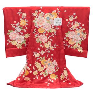 子供着物 襦袢付 女の子 一つ身 お宮参り 鶴 花柄 金彩 赤色 X-1003 お宮参り 長襦袢 産着 着物 初着 一つ身 下着 赤ちゃん 男の子 女の子