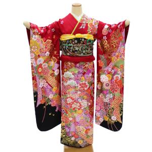 振袖レンタル 成人式 フルセット 1月 赤 熨斗柄 辻が花風 古典的 紫