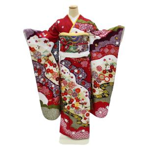 振袖レンタル 成人式 フルセット 1月 赤 熨斗柄 辻が花風 古典的 紫