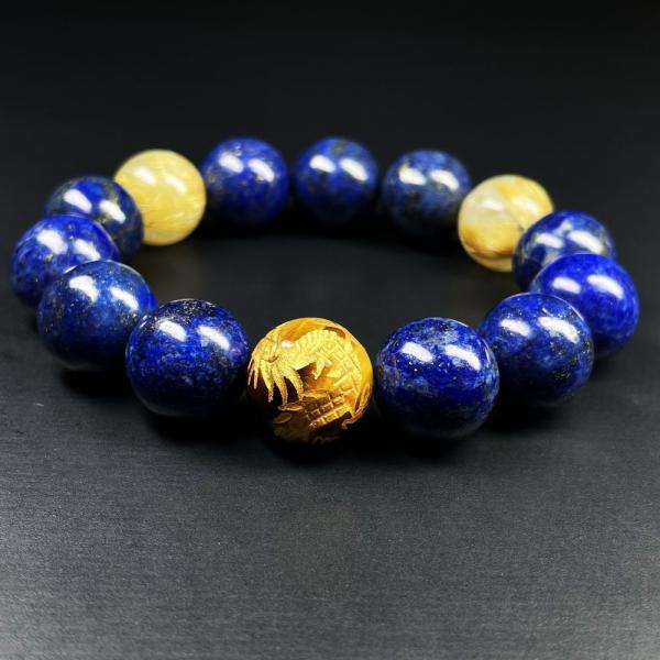 神聖なるパワーをもたらします 14ミリ 皇帝龍タイガーアイ ラピスラズリ ゴールドルチルブレスレット...