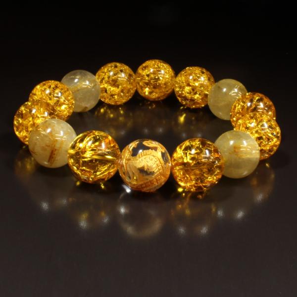 最強金運 を呼び寄せる 14ミリ 皇帝龍 本水晶 シトリンクラック ゴールドルチル ブレスレット 開...