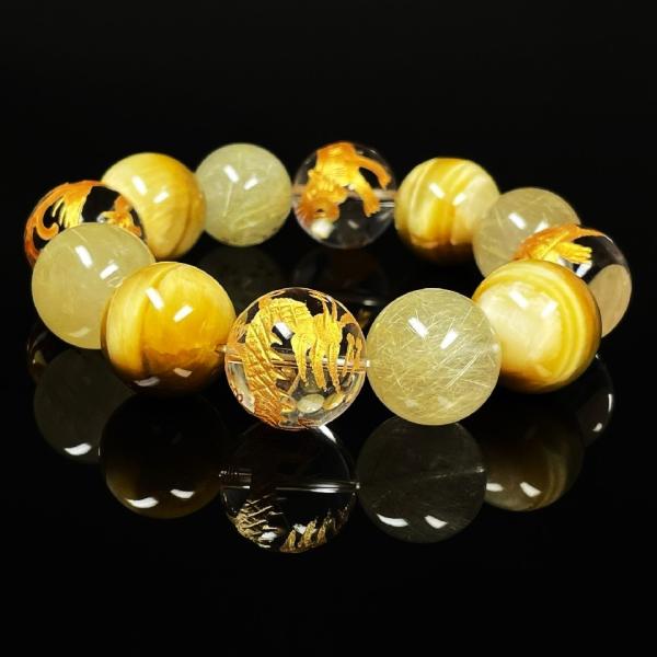 ！天然石ブレスレット【四神獣 開運祭】 成功を引き寄せる18ミリ 四神獣本水晶 ゴールデンタイガーア...