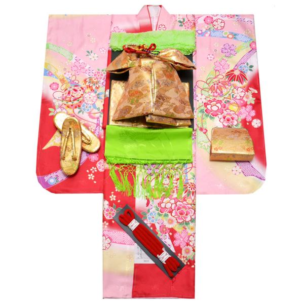 七五三 753 着物 7歳 女の子 着物フルセット 絵羽柄 熨斗柄 ピンク 赤 染め分け 四つ身セッ...