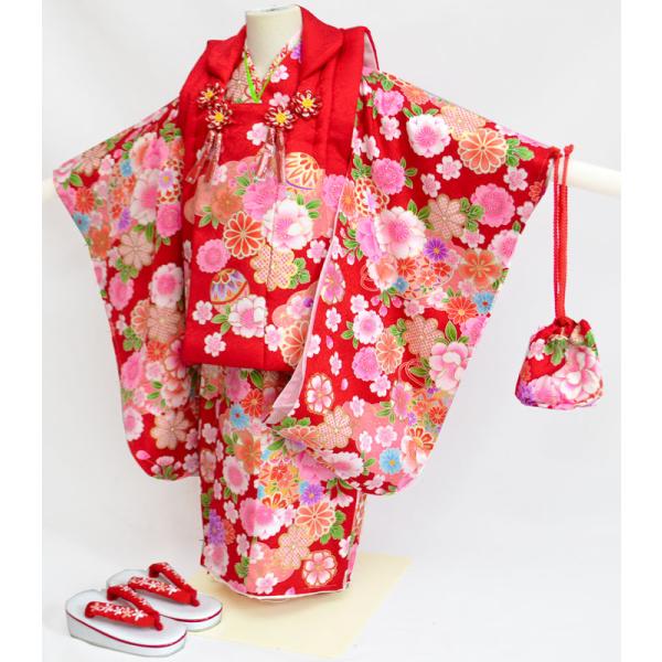 七五三 着物 3歳 女の子 正絹 被布セット お祝い着 百花繚乱 赤 必要な物は全て揃ったフルセット...