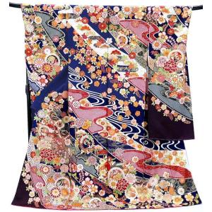 振袖 古典柄 仕立て付き 正絹 f-075-t 紺 刺繍入...