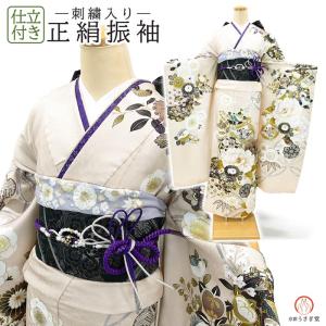 仕立て付 正絹振袖 単品 花 桜 f-171-t 黒 丹後ちりめん 刺繍 新品購入