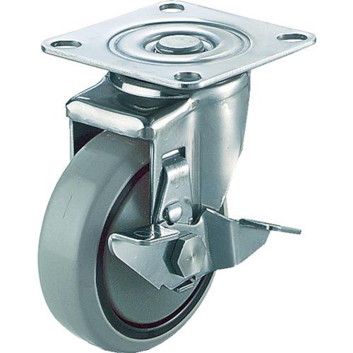 ユーエイ プレート式 自在 ステンレスキャスター ウレタン 車輪径125mm ストッパー付き Jタイ...